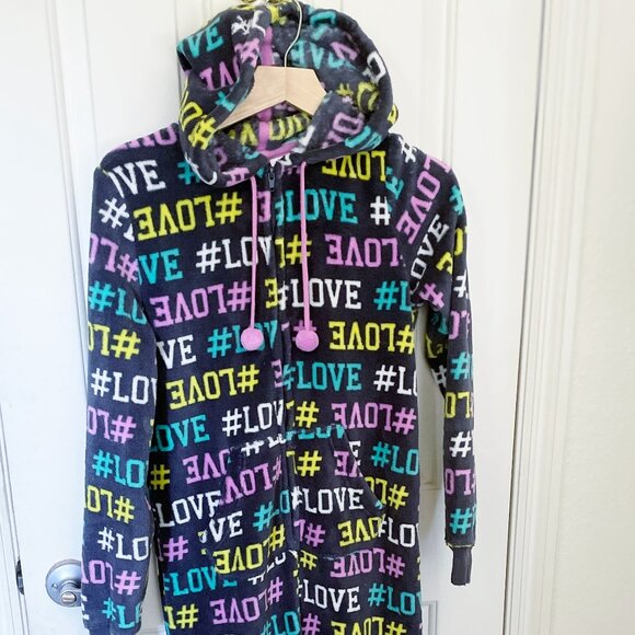 SO Womens Plush Fleece One Piece Hooded Pajama Onesie Small #LOVE - Picture 2 of 8